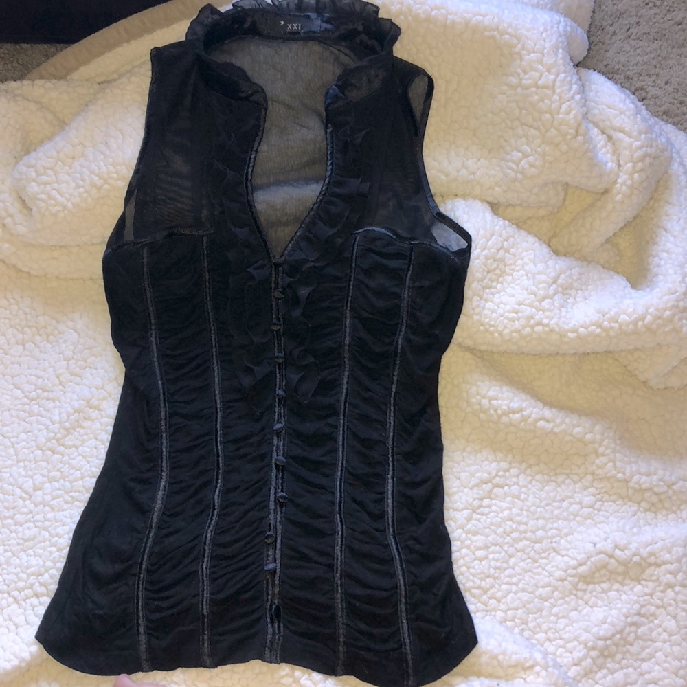 Forever 21 LG Faux button, lace, sheer sleeveless!